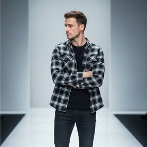 Jachs Men's Black and White Plaid Shirt